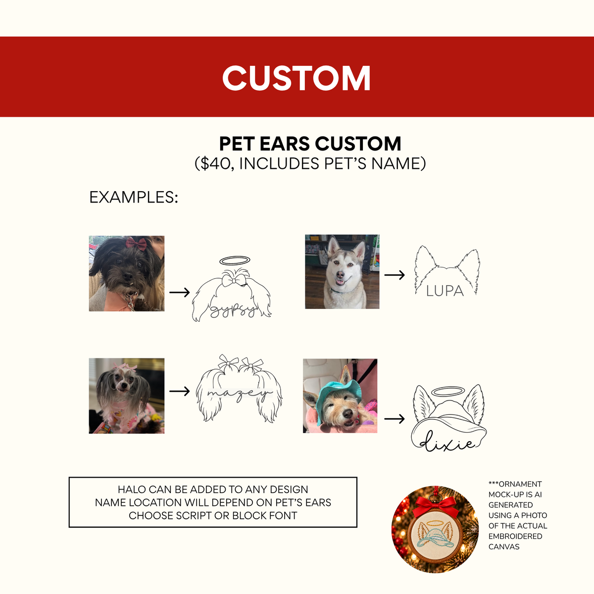Personalized Pet Ear Hand-Embroidered Ornament